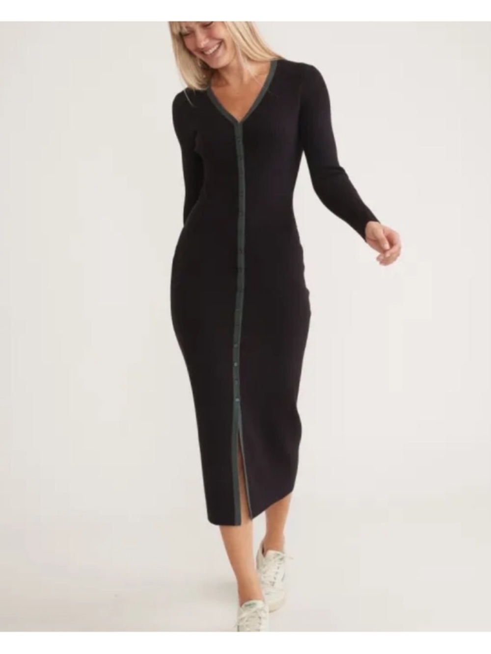 Marine Layer Lexi Black/Green Button Down Ribbed Sweater Midi Dress Size Medium